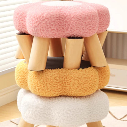 Modern Art Deco Faux Fleece Solid Wood Flower-Shaped Cylinder Low Stool For Bedroom & Living Room