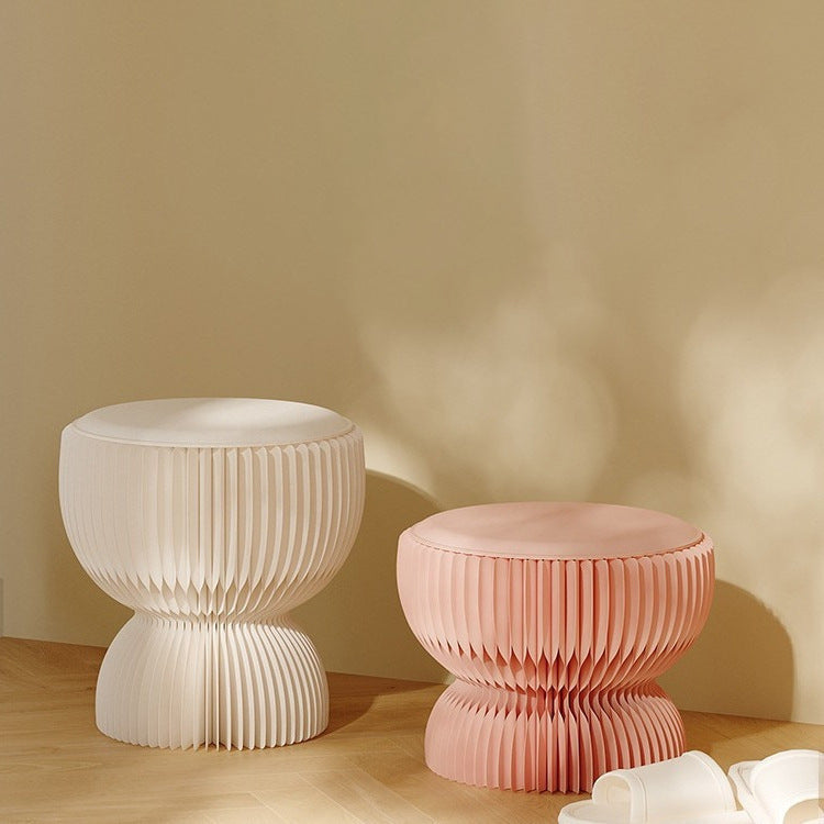 Contemporary Creative PU Leather Kraft Paper Round Cylinder Foldable Low Stool For Bedroom & Living Room