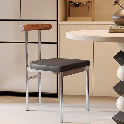 Contemporary Scandinavian PU Leather Metal Solid Wood Rounded Rectangular Dining Chair With Backrest For Dining Room