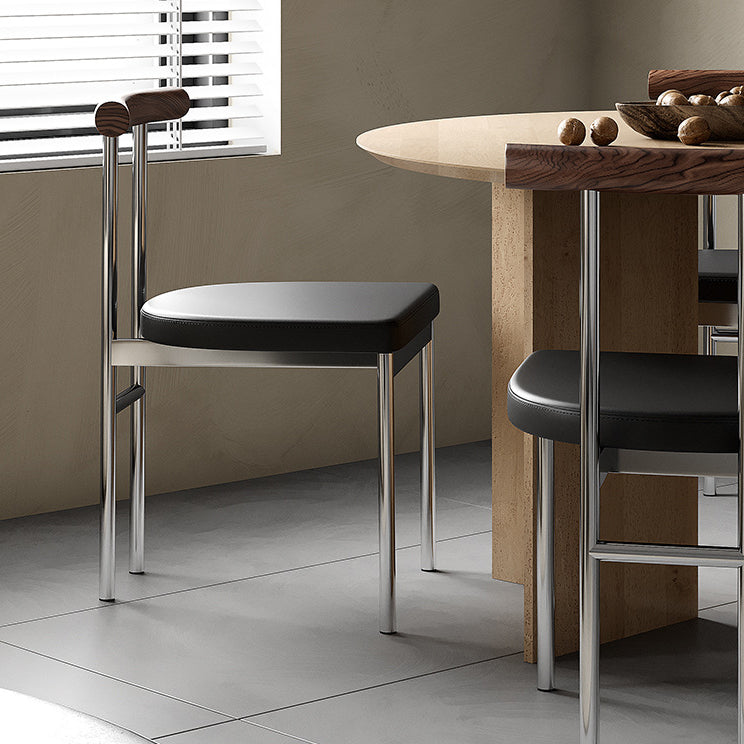 Contemporary Scandinavian PU Leather Metal Solid Wood Rounded Rectangular Dining Chair With Backrest For Dining Room