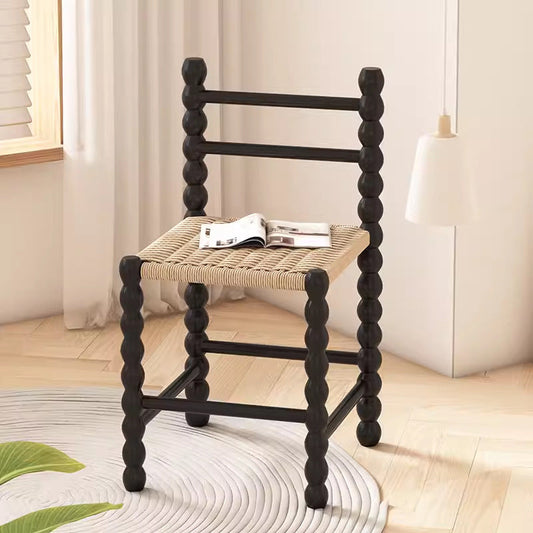 Traditional Vintage Rubber Wood Paper Cord Square Cylindrical Dining Chair With Backrest For Dining Room