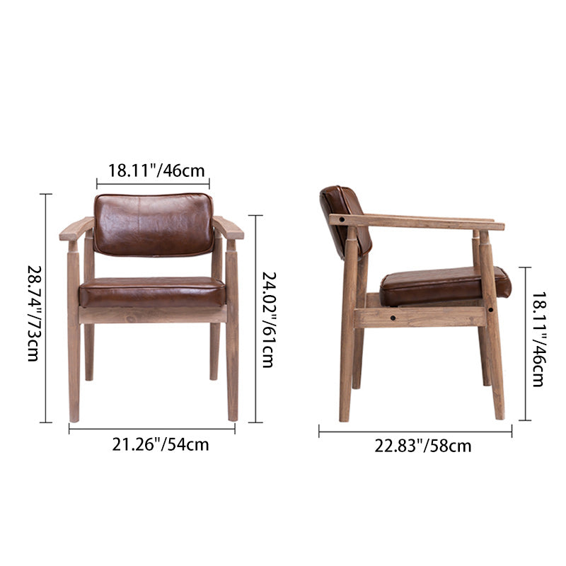 Traditional Vintage PU Leather Solid Wood Rectangular Dining Chair With Armrests Backrest For Dining Room