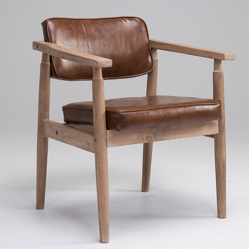 Traditional Vintage PU Leather Solid Wood Rectangular Dining Chair With Armrests Backrest For Dining Room
