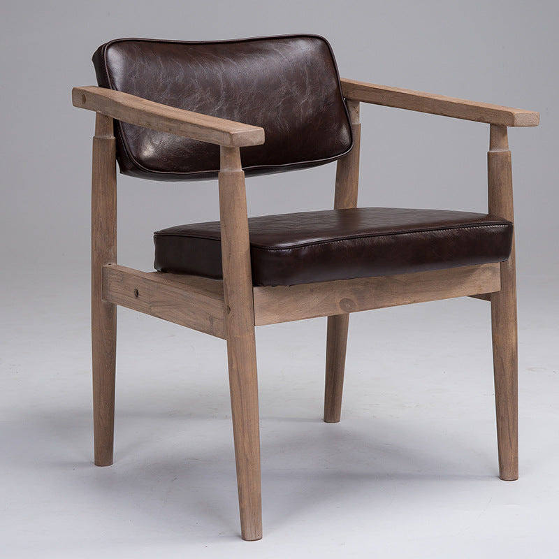 Traditional Vintage PU Leather Solid Wood Rectangular Dining Chair With Armrests Backrest For Dining Room