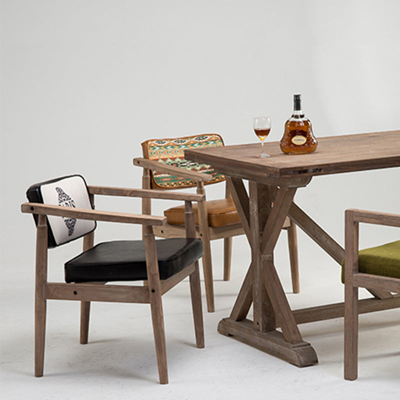 Traditional Vintage PU Leather Solid Wood Rectangular Dining Chair With Armrests Backrest For Dining Room