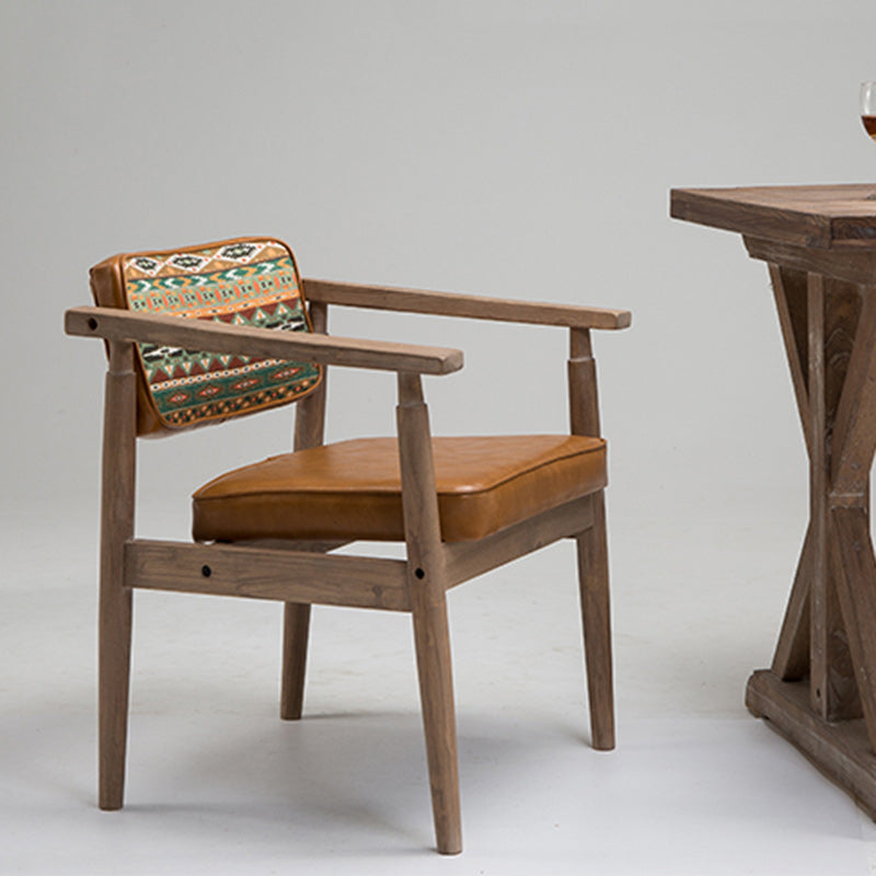 Traditional Vintage PU Leather Solid Wood Rectangular Dining Chair With Armrests Backrest For Dining Room