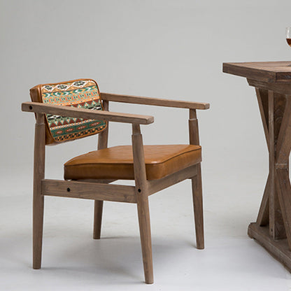 Traditional Vintage PU Leather Solid Wood Rectangular Dining Chair With Armrests Backrest For Dining Room