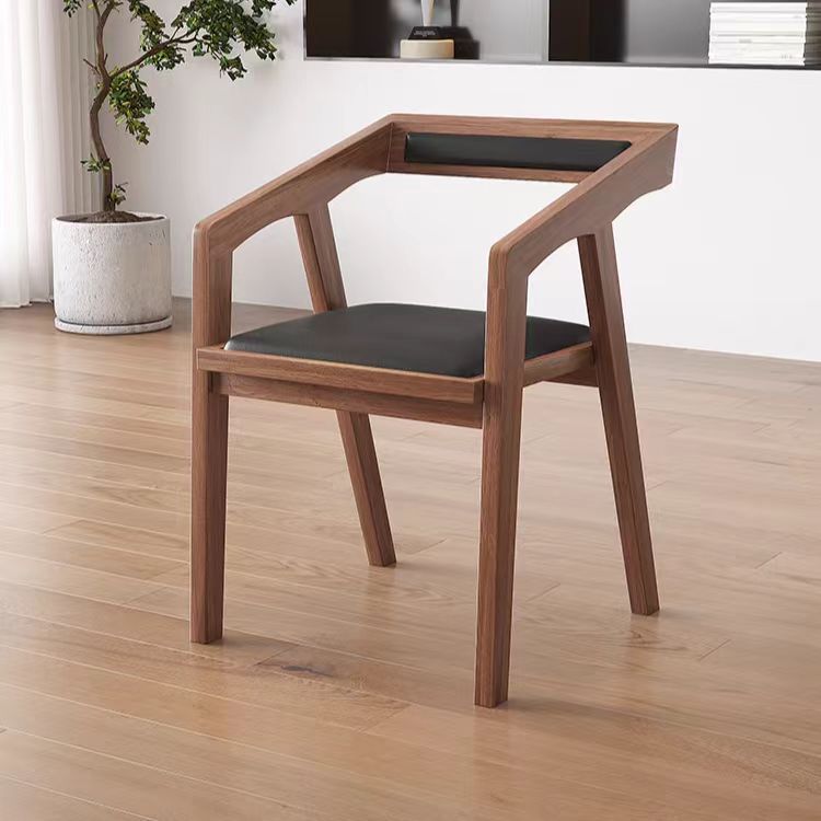 Contemporary Scandinavian Solid Wood Faux Oil-Wax Leather Trapezoid Dining Chair With Armrest Backrest For Dining Room