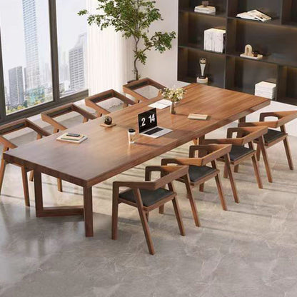 Contemporary Scandinavian Solid Wood Faux Oil-Wax Leather Trapezoid Dining Chair With Armrest Backrest For Dining Room