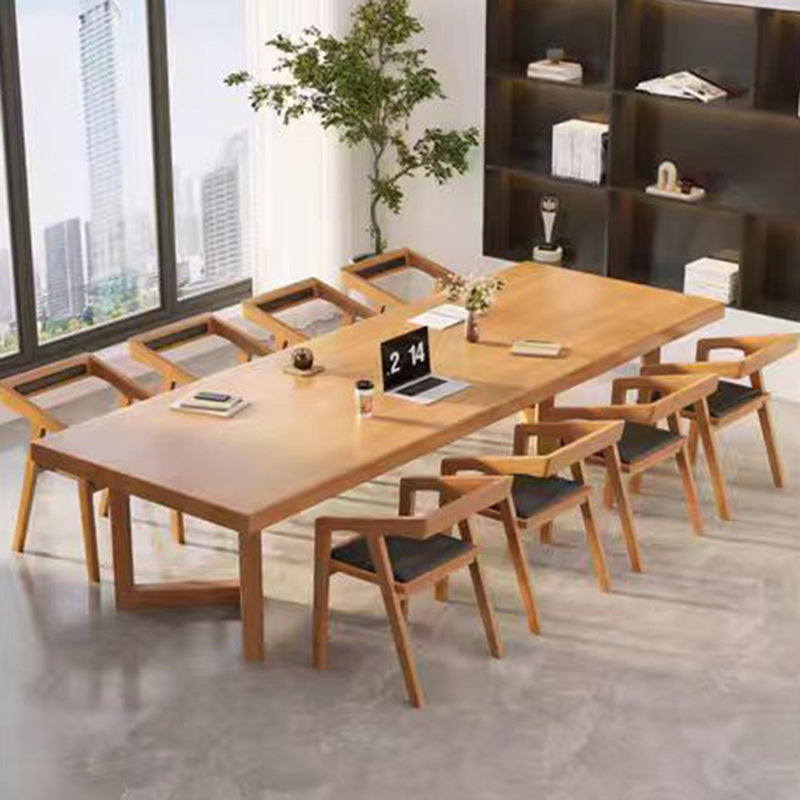 Contemporary Scandinavian Solid Wood Faux Oil-Wax Leather Trapezoid Dining Chair With Armrest Backrest For Dining Room