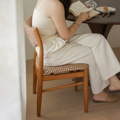 Traditional Vintage Ash Wood Multi-Ply Fabric Curved Dining Chair With Backrest For Dining Room
