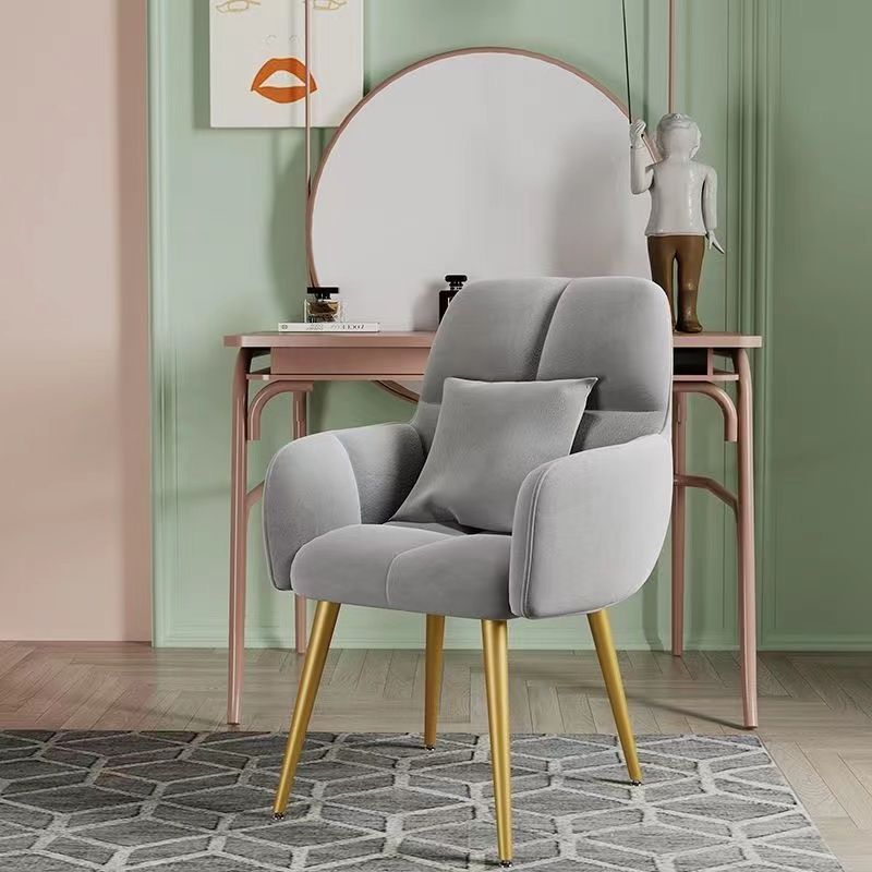 Contemporary Scandinavian Velvet Carbon Steel Grid Trapezoid Vanity Chair With Backrest & Armrests For Bedroom