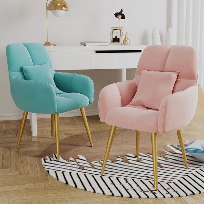 Contemporary Scandinavian Velvet Carbon Steel Grid Trapezoid Vanity Chair With Backrest & Armrests For Bedroom