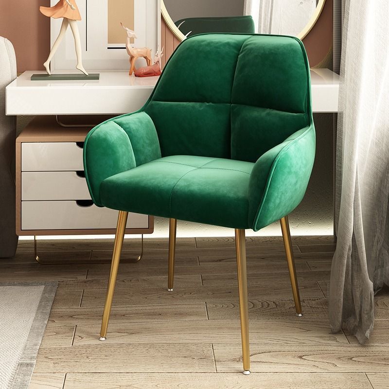 Contemporary Scandinavian Velvet Carbon Steel Grid Trapezoid Vanity Chair With Backrest & Armrests For Bedroom