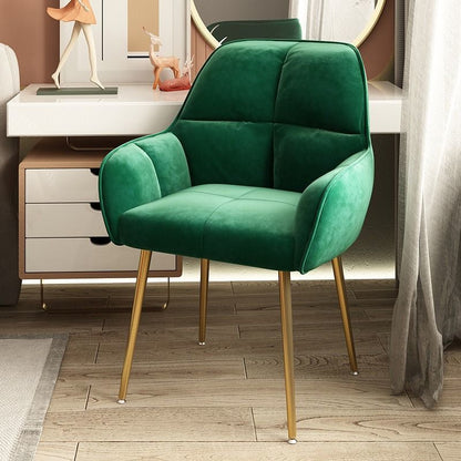 Contemporary Scandinavian Velvet Carbon Steel Grid Trapezoid Vanity Chair With Backrest & Armrests For Bedroom
