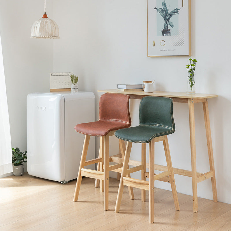 Contemporary Scandinavian PU Leather Solid Wood Curved Square Bar Stool With Backrest For Dining Room