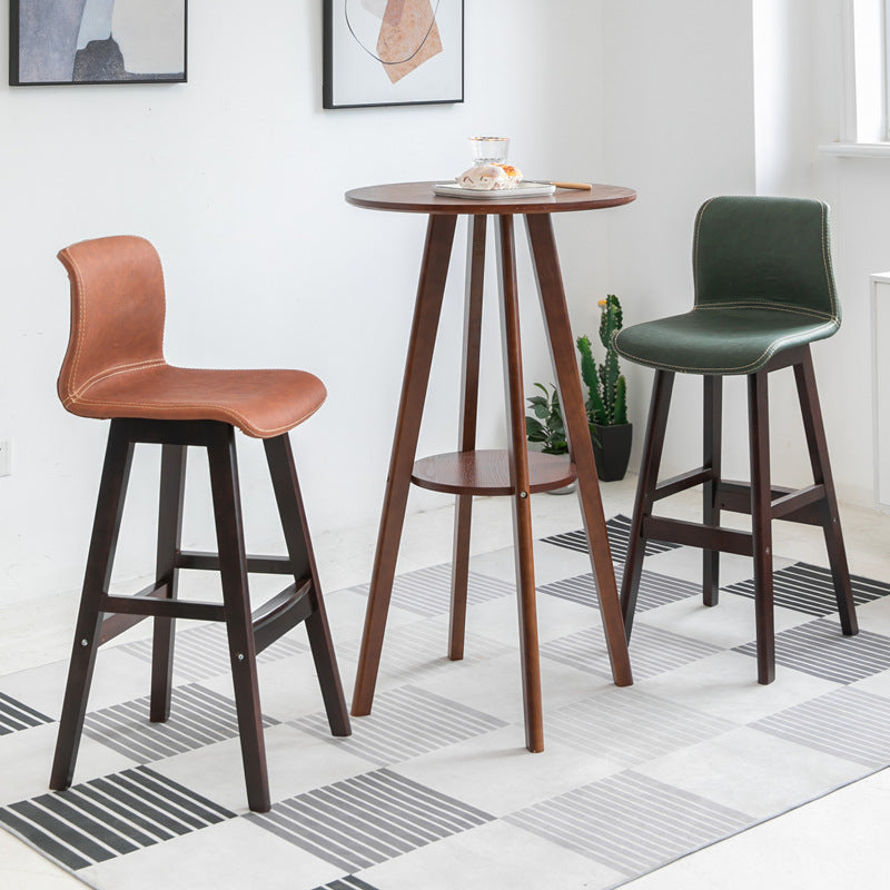 Contemporary Scandinavian PU Leather Solid Wood Curved Square Bar Stool With Backrest For Dining Room