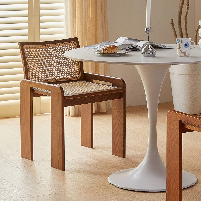 Traditional Vintage Rattan Solid Wood Hollow Slatted Dining Chair With Backrest For Dining Room