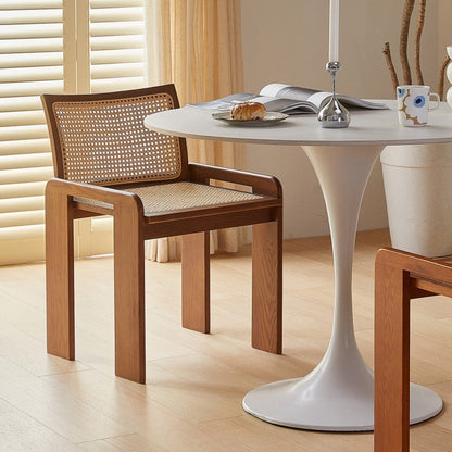 Traditional Vintage Rattan Solid Wood Hollow Slatted Dining Chair With Backrest For Dining Room