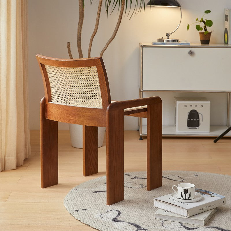 Traditional Vintage Rattan Solid Wood Hollow Slatted Dining Chair With Backrest For Dining Room