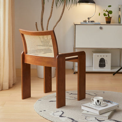 Traditional Vintage Rattan Solid Wood Hollow Slatted Dining Chair With Backrest For Dining Room