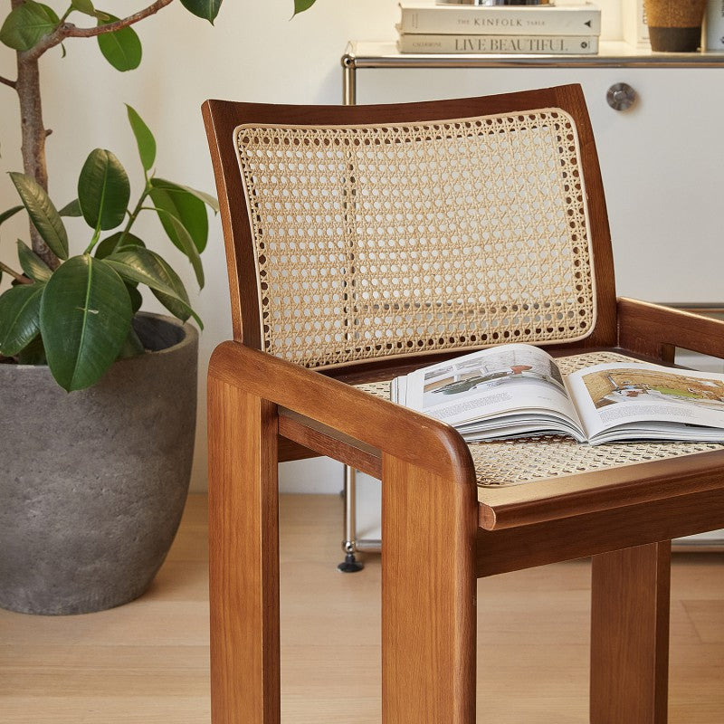 Traditional Vintage Rattan Solid Wood Hollow Slatted Dining Chair With Backrest For Dining Room