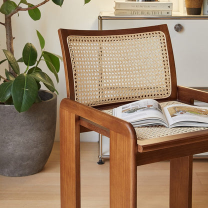 Traditional Vintage Rattan Solid Wood Hollow Slatted Dining Chair With Backrest For Dining Room