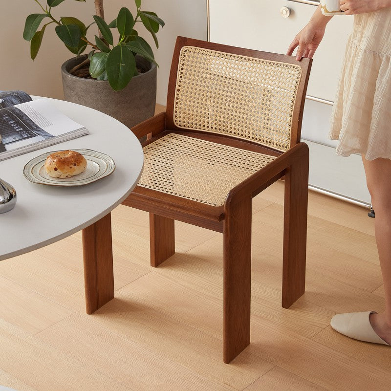 Traditional Vintage Rattan Solid Wood Hollow Slatted Dining Chair With Backrest For Dining Room