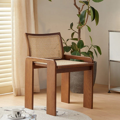 Traditional Vintage Rattan Solid Wood Hollow Slatted Dining Chair With Backrest For Dining Room