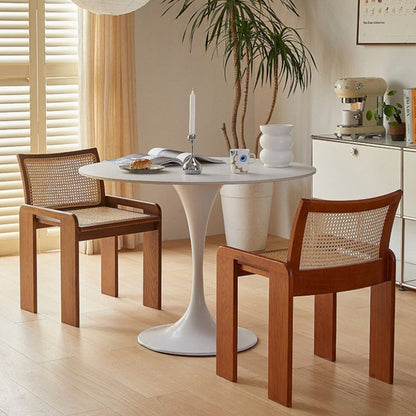 Traditional Vintage Rattan Solid Wood Hollow Slatted Dining Chair With Backrest For Dining Room