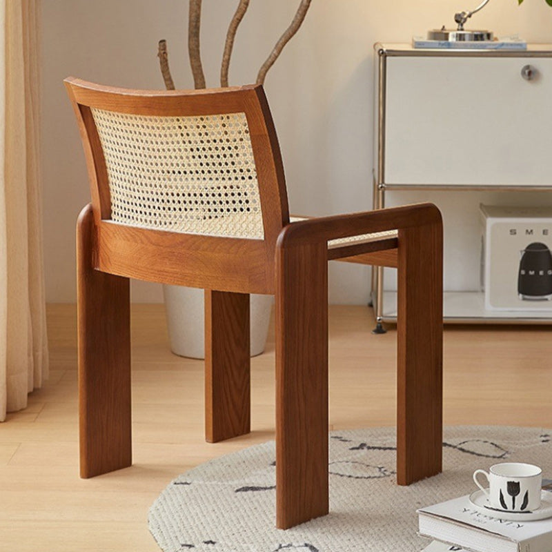 Traditional Vintage Rattan Solid Wood Hollow Slatted Dining Chair With Backrest For Dining Room