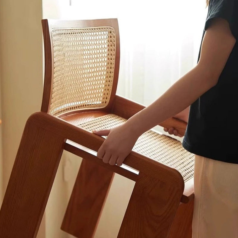 Traditional Vintage Rattan Solid Wood Hollow Slatted Dining Chair With Backrest For Dining Room