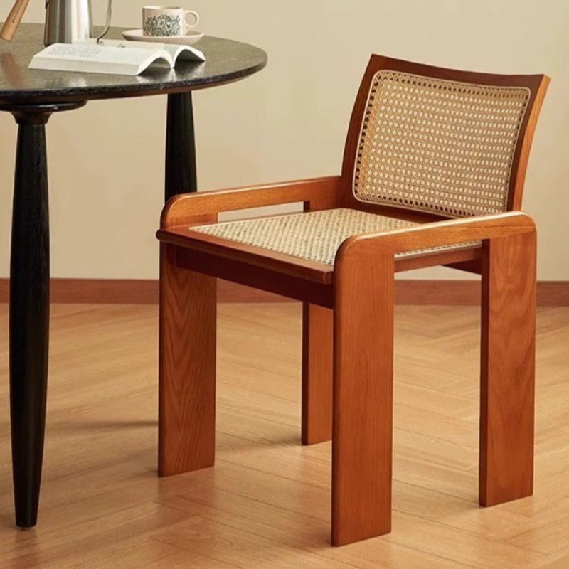 Traditional Vintage Rattan Solid Wood Hollow Slatted Dining Chair With Backrest For Dining Room