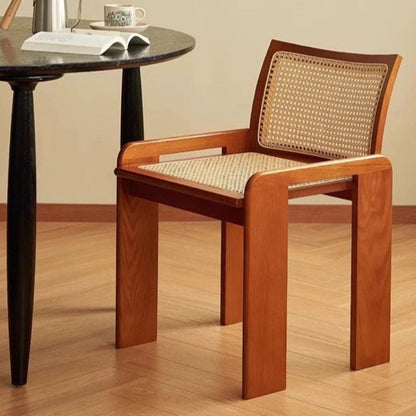 Traditional Vintage Rattan Solid Wood Hollow Slatted Dining Chair With Backrest For Dining Room