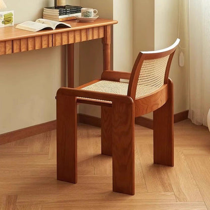 Traditional Vintage Rattan Solid Wood Hollow Slatted Dining Chair With Backrest For Dining Room