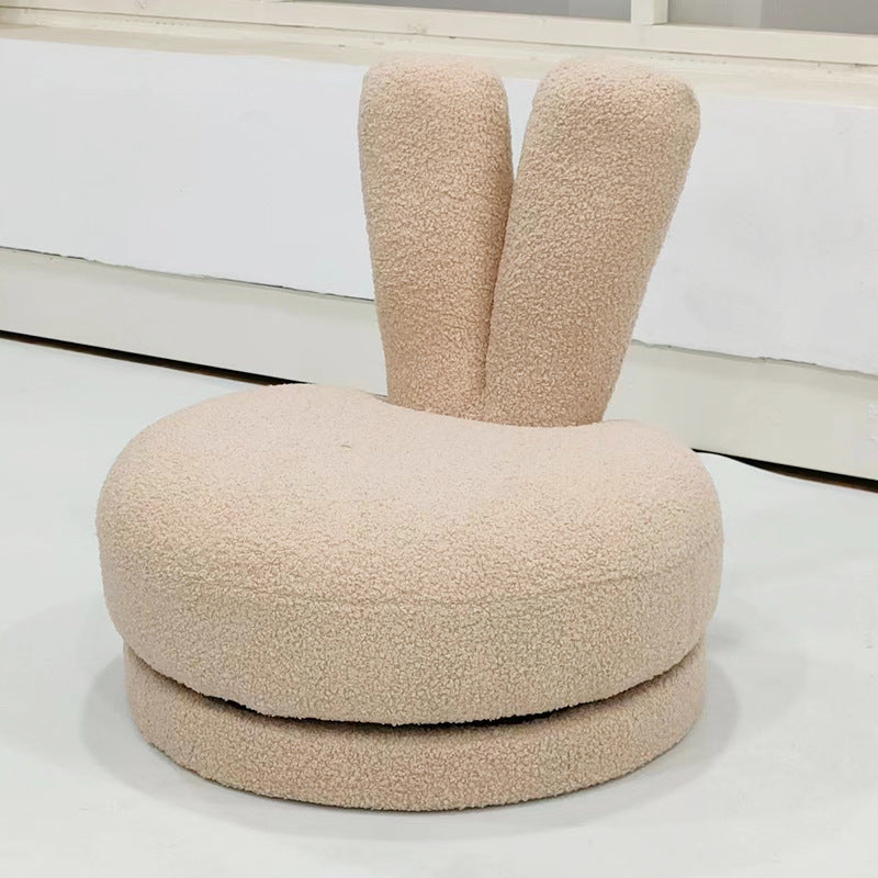 Modern Minimalist Kids Lambswool Solid Wood Round Bunny-Ear Low Stool With Backrest For Living Room