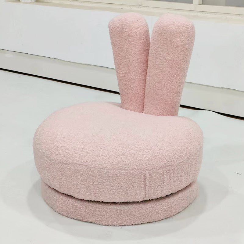 Modern Minimalist Kids Lambswool Solid Wood Round Bunny-Ear Low Stool With Backrest For Living Room