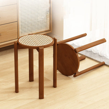 Traditional Vintage Rattan Bamboo Round Long Dining Stool Stackable Space-Saving For Dining Room