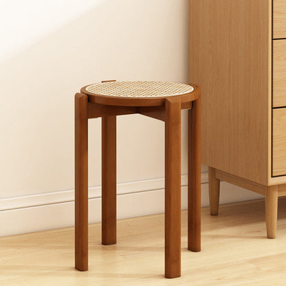 Traditional Vintage Rattan Bamboo Round Long Dining Stool Stackable Space-Saving For Dining Room