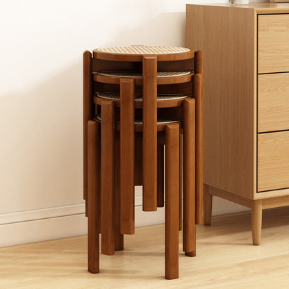 Traditional Vintage Rattan Bamboo Round Long Dining Stool Stackable Space-Saving For Dining Room