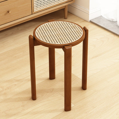 Traditional Vintage Rattan Bamboo Round Long Dining Stool Stackable Space-Saving For Dining Room