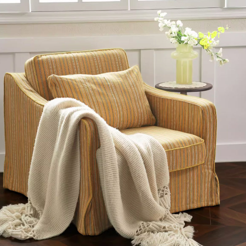 Golden Stripe Pattern Cotton Linen Birch Wood Accent Chair - Minimalist Retro Lounge Chair for Living Room