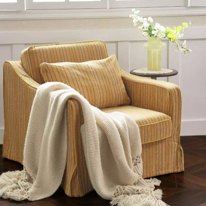 Golden Stripe Pattern Cotton Linen Birch Wood Accent Chair - Minimalist Retro Lounge Chair for Living Room