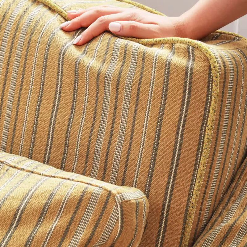 Golden Stripe Pattern Cotton Linen Birch Wood Accent Chair - Minimalist Retro Lounge Chair for Living Room