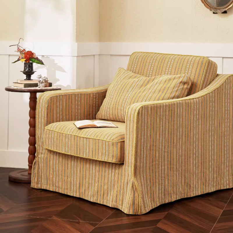 Golden Stripe Pattern Cotton Linen Birch Wood Accent Chair - Minimalist Retro Lounge Chair for Living Room
