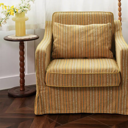 Golden Stripe Pattern Cotton Linen Birch Wood Accent Chair - Minimalist Retro Lounge Chair for Living Room