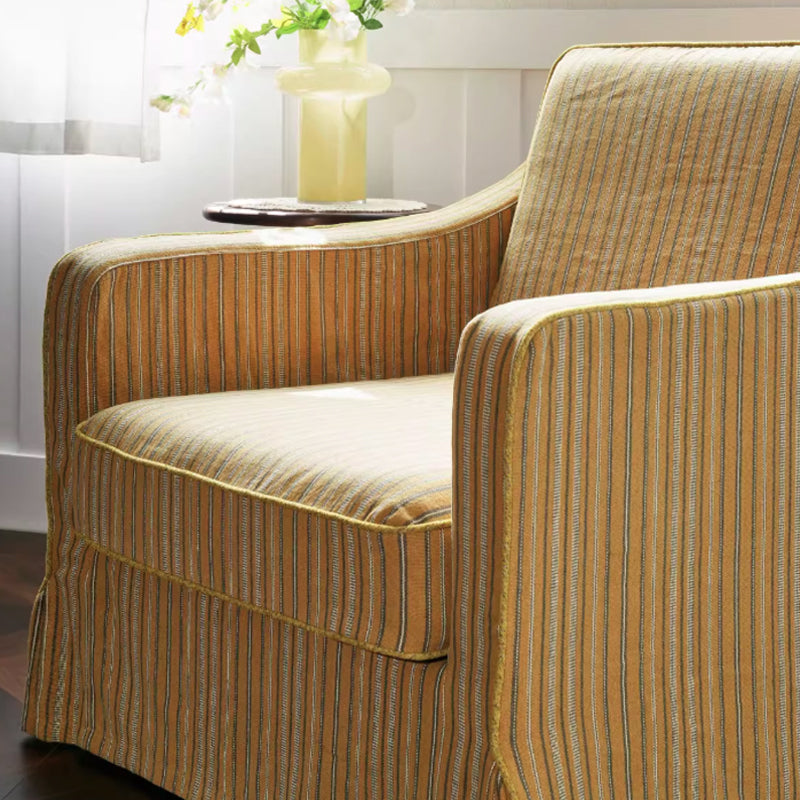 Golden Stripe Pattern Cotton Linen Birch Wood Accent Chair - Minimalist Retro Lounge Chair for Living Room