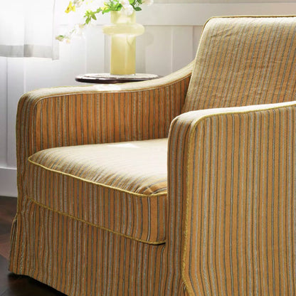 Golden Stripe Pattern Cotton Linen Birch Wood Accent Chair - Minimalist Retro Lounge Chair for Living Room