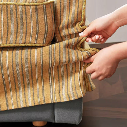 Golden Stripe Pattern Cotton Linen Birch Wood Accent Chair - Minimalist Retro Lounge Chair for Living Room