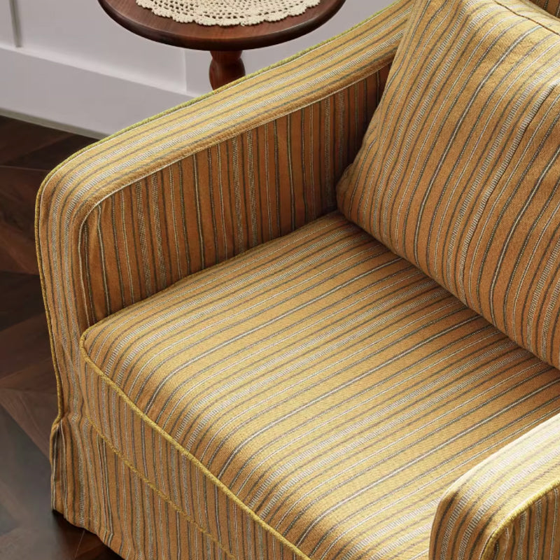 Golden Stripe Pattern Cotton Linen Birch Wood Accent Chair - Minimalist Retro Lounge Chair for Living Room